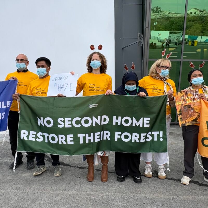 Masyarakat sipil menyerukan pentingnya perlindungan orangutan Tapanuli dan ekosistem Batang Toru di depan gedung perundingan COP17 CBD di Yerevan, Armenia pada 21 Oktober 2026. (Dokumentasi JustCOP)