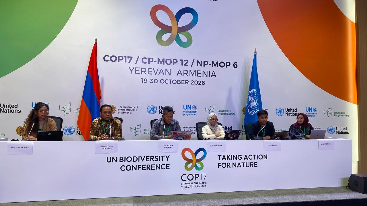 Konferensi pers yang diinisiasi koalisi masyarakat sipil Justice Coalition for our Planet (JustCOP) dalam COP17 CBD di Yerevan, Armenia pada 23 Oktober 2026. (Dokumentasi JustCOP)